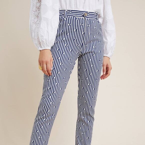 Anthropologie Blue & White Slim Trousers with Embroidery - Picture 6 of 16
